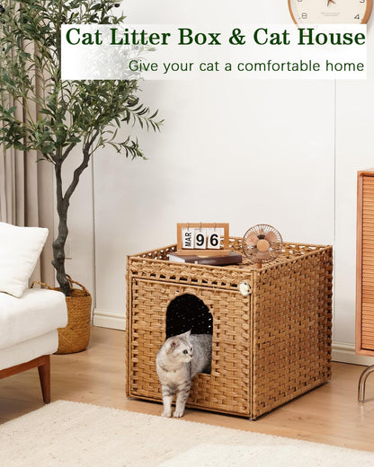 Cat Litter Box Enclosure Furniture, Large PE Rattan Cabinet,Natural