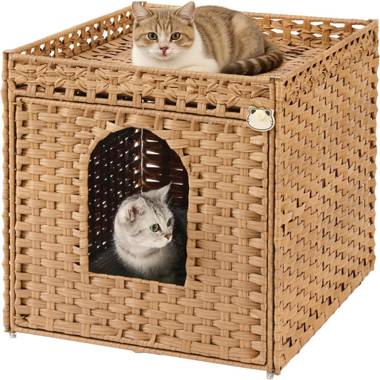 Cat Litter Box Enclosure Furniture, Large PE Rattan Cabinet,Natural