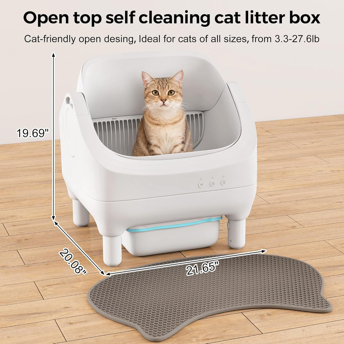 Smart Open Top Automatic Litter Box, Self Cleaning Cat Litter Box with App Control & Odor Isolation, Cat Litter, Large Capacity for Multiple Cats, Includes Trash Bags & Cat Litter Mat
