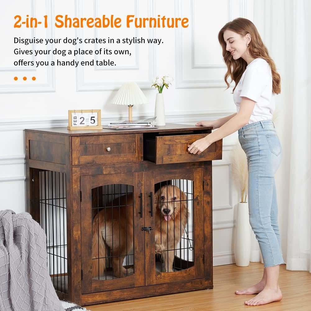Dog Crate Furniture with Double Drawers, Wooden End Table Dog Kennel