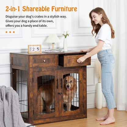 Dog Crate Furniture with Double Drawers, Wooden End Table Dog Kennel