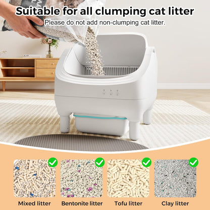 Smart Open Top Automatic Litter Box, Self Cleaning Cat Litter Box with App Control & Odor Isolation, Cat Litter, Large Capacity for Multiple Cats, Includes Trash Bags & Cat Litter Mat