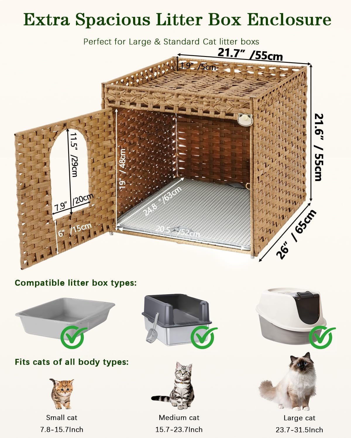 Cat Litter Box Enclosure Furniture, Large PE Rattan Cabinet,Natural