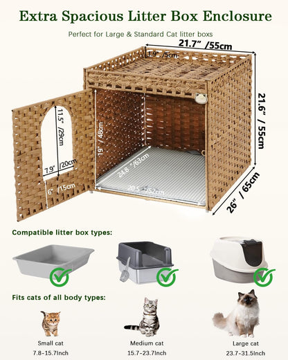 Cat Litter Box Enclosure Furniture, Large PE Rattan Cabinet,Natural