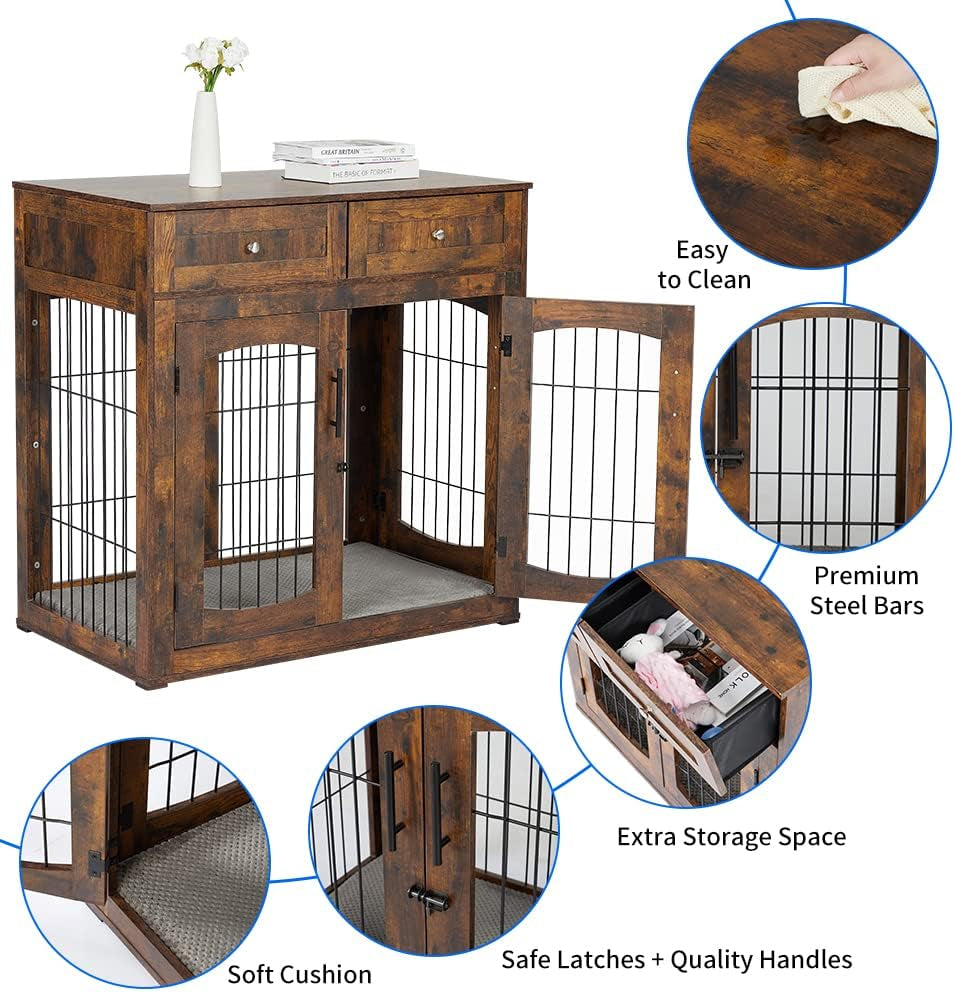 Dog Crate Furniture with Double Drawers, Wooden End Table Dog Kennel