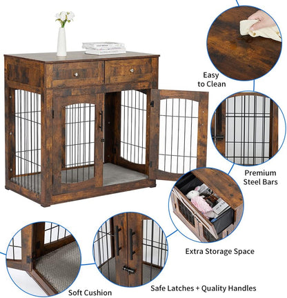 Dog Crate Furniture with Double Drawers, Wooden End Table Dog Kennel