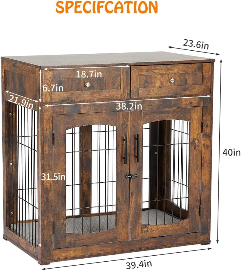 Dog Crate Furniture with Double Drawers, Wooden End Table Dog Kennel