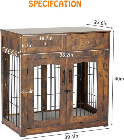 Dog Crate Furniture with Double Drawers, Wooden End Table Dog Kennel