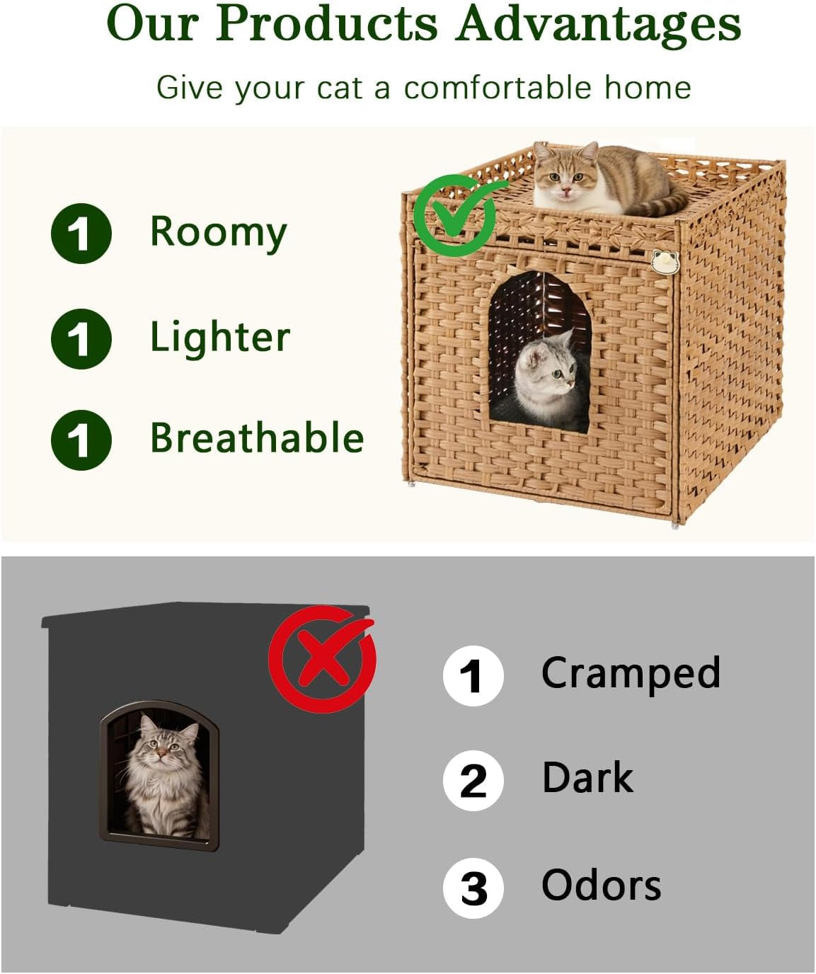 Cat Litter Box Enclosure Furniture, Large PE Rattan Cabinet,Natural