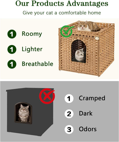 Cat Litter Box Enclosure Furniture, Large PE Rattan Cabinet,Natural