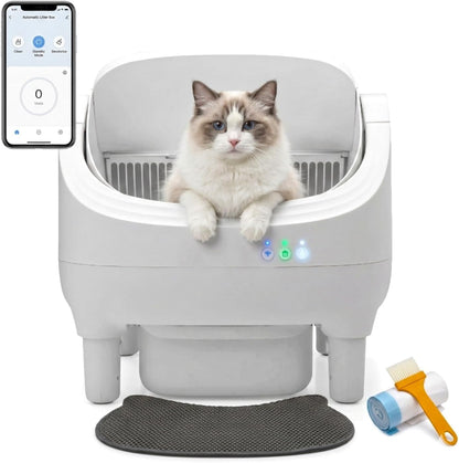Smart Open Top Automatic Litter Box, Self Cleaning Cat Litter Box with App Control & Odor Isolation, Cat Litter, Large Capacity for Multiple Cats, Includes Trash Bags & Cat Litter Mat