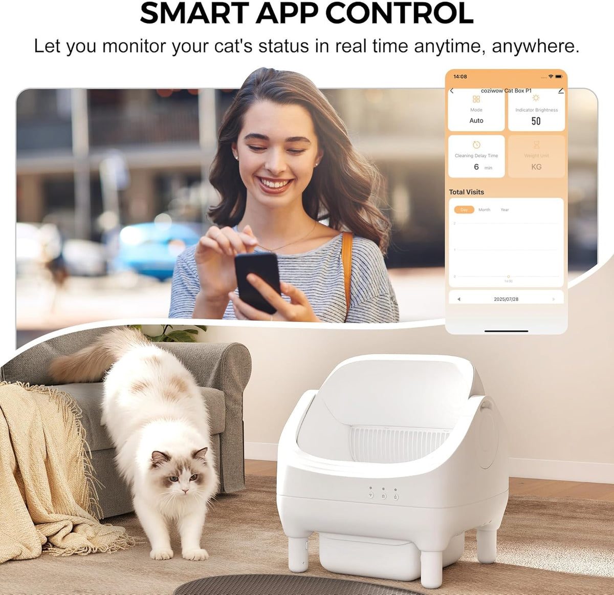 Smart Open Top Automatic Litter Box, Self Cleaning Cat Litter Box with App Control & Odor Isolation, Cat Litter, Large Capacity for Multiple Cats, Includes Trash Bags & Cat Litter Mat