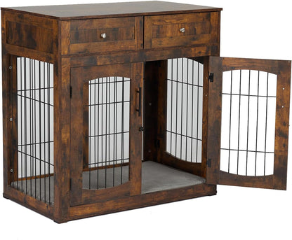 Dog Crate Furniture with Double Drawers, Wooden End Table Dog Kennel