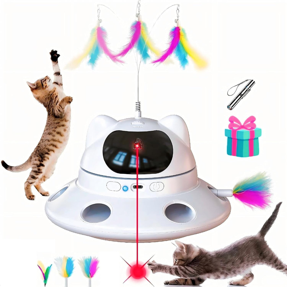 3-In-1Interactive AI Smart Play Cat Toy – Automatic Laser & Feather Toy for Indoor Cats, Keeps Cats Busy When Home Alone