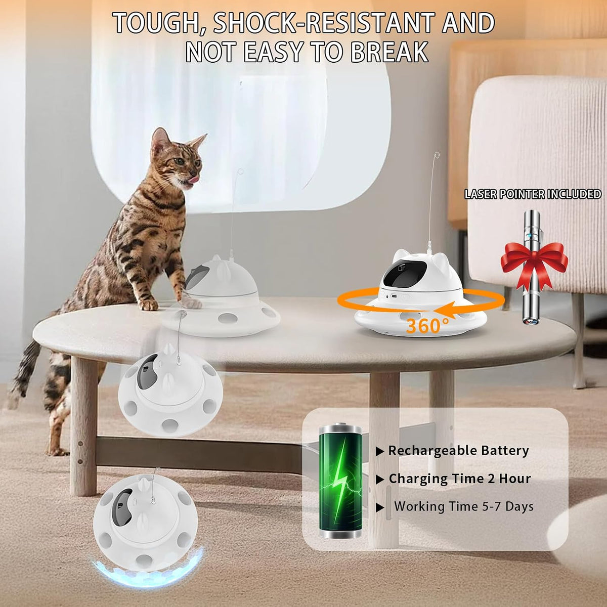 3-In-1Interactive AI Smart Play Cat Toy – Automatic Laser & Feather Toy for Indoor Cats, Keeps Cats Busy When Home Alone