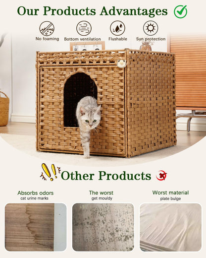 Cat Litter Box Enclosure Furniture, Large PE Rattan Cabinet,Natural