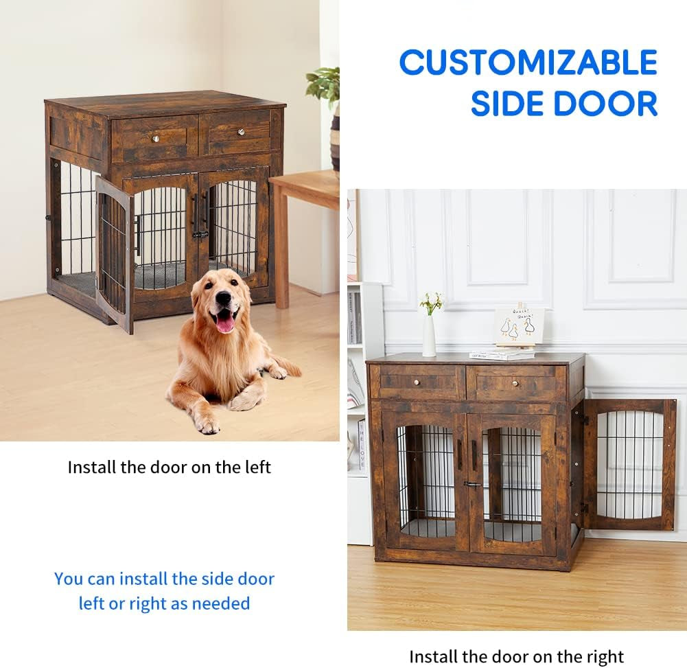 Dog Crate Furniture with Double Drawers, Wooden End Table Dog Kennel