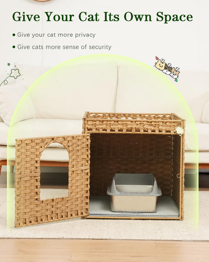 Cat Litter Box Enclosure Furniture, Large PE Rattan Cabinet,Natural
