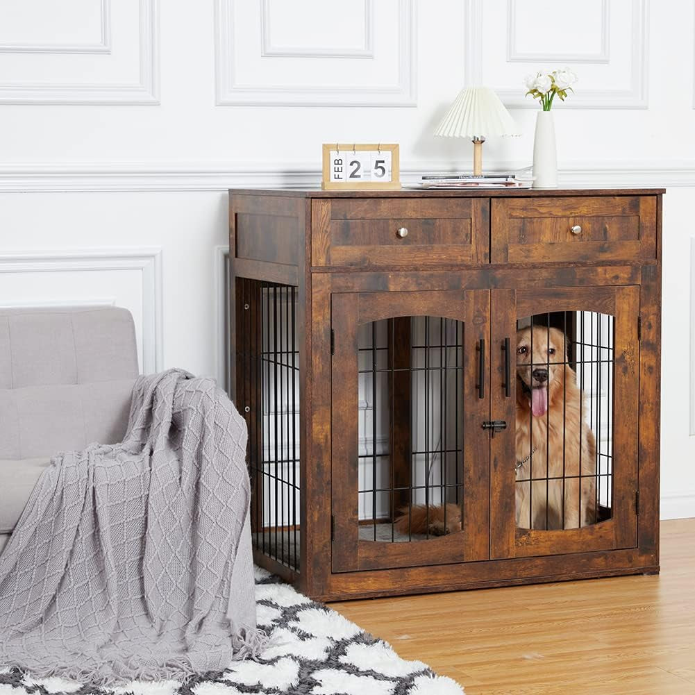 Dog Crate Furniture with Double Drawers, Wooden End Table Dog Kennel