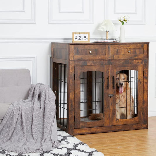 Dog Crate Furniture with Double Drawers, Wooden End Table Dog Kennel
