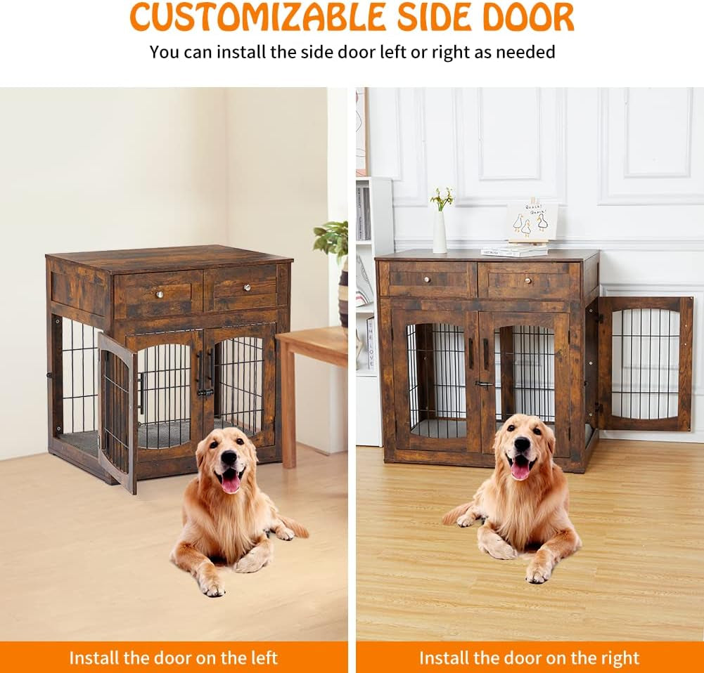 Dog Crate Furniture with Double Drawers, Wooden End Table Dog Kennel
