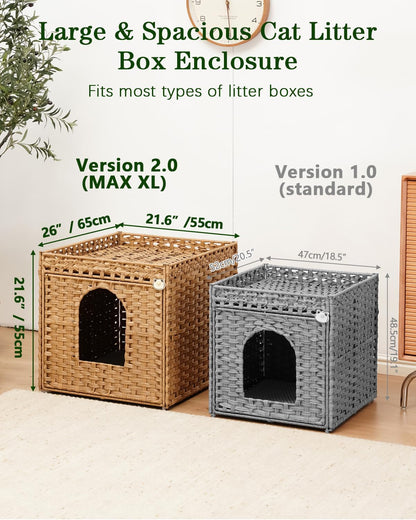 Cat Litter Box Enclosure Furniture, Large PE Rattan Cabinet,Natural