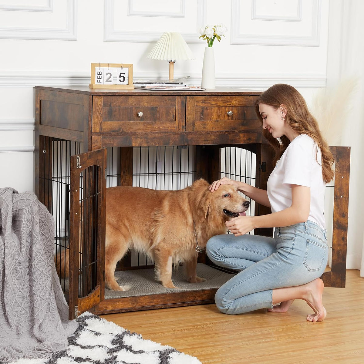 Dog Crate Furniture with Double Drawers, Wooden End Table Dog Kennel