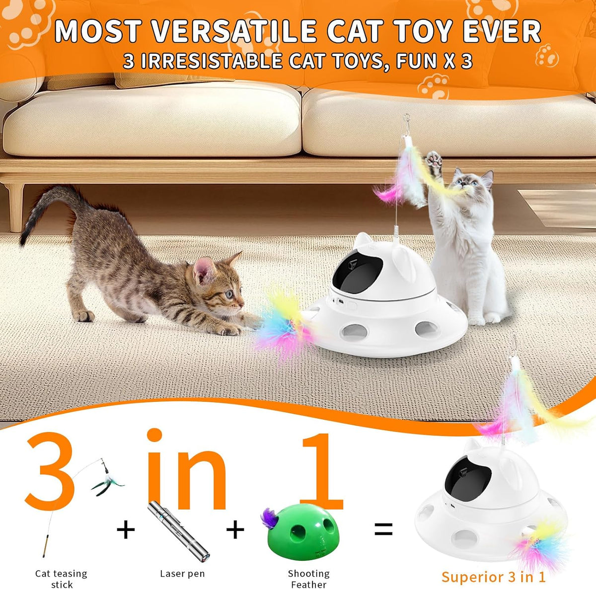 3-In-1Interactive AI Smart Play Cat Toy – Automatic Laser & Feather Toy for Indoor Cats, Keeps Cats Busy When Home Alone