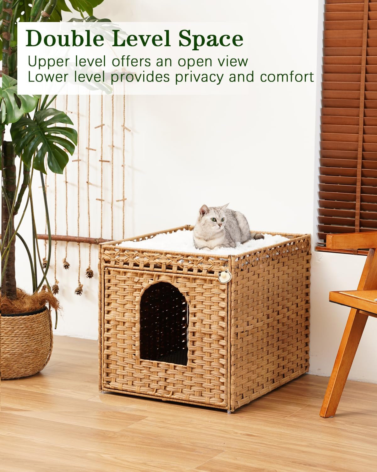 Cat Litter Box Enclosure Furniture, Large PE Rattan Cabinet,Natural