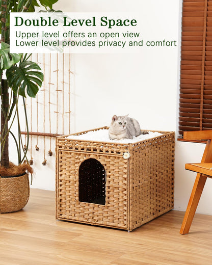 Cat Litter Box Enclosure Furniture, Large PE Rattan Cabinet,Natural
